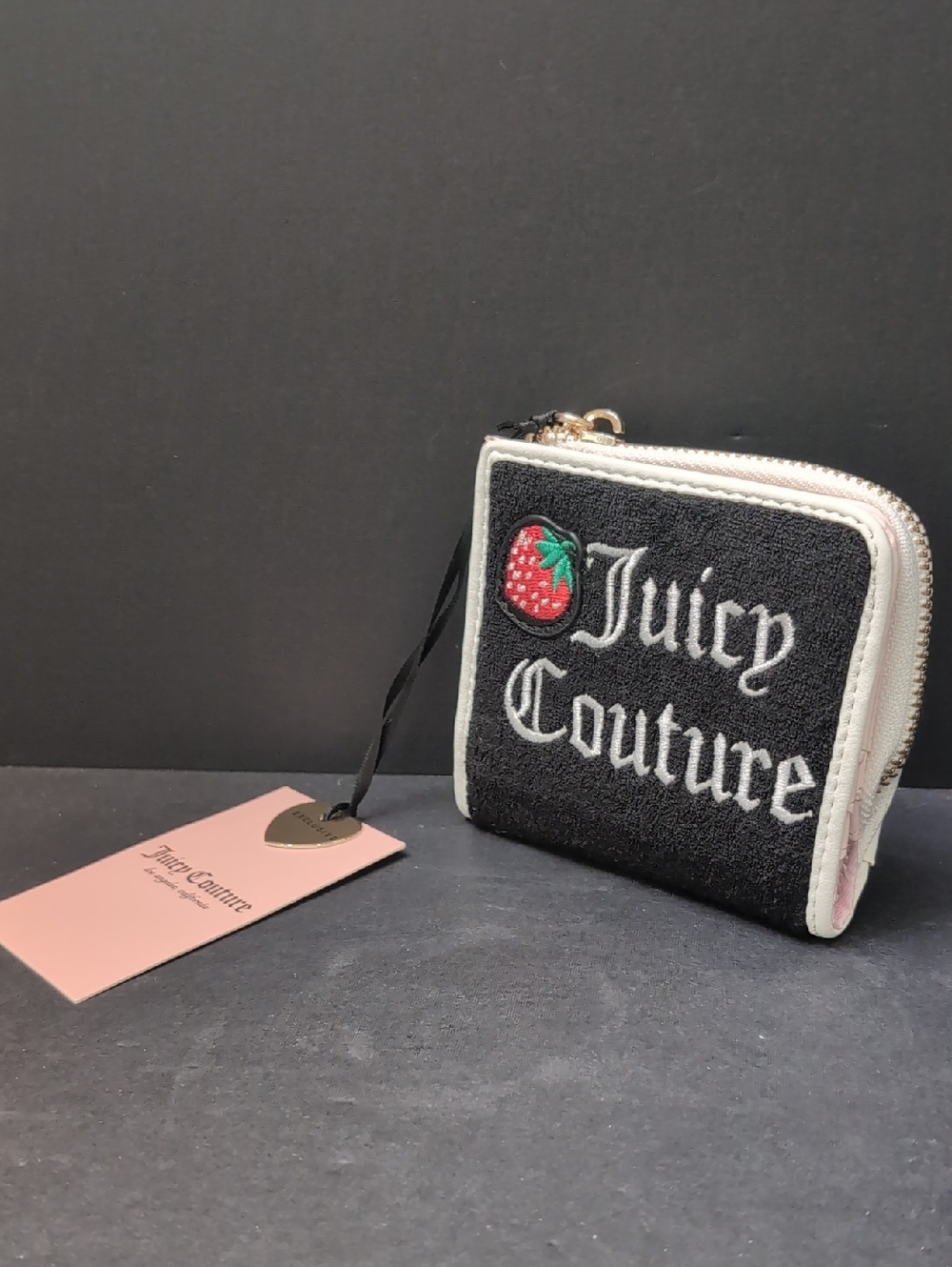 Juicy Couture NWT, Black Terry Cloth Strawberry Embroidered Zip-Around Wallet.